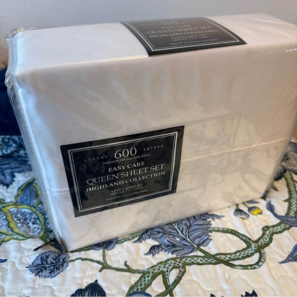 Highland Collection 600 Thread Count 4 Pcs Sheet Set Sz Queen White Luxury New